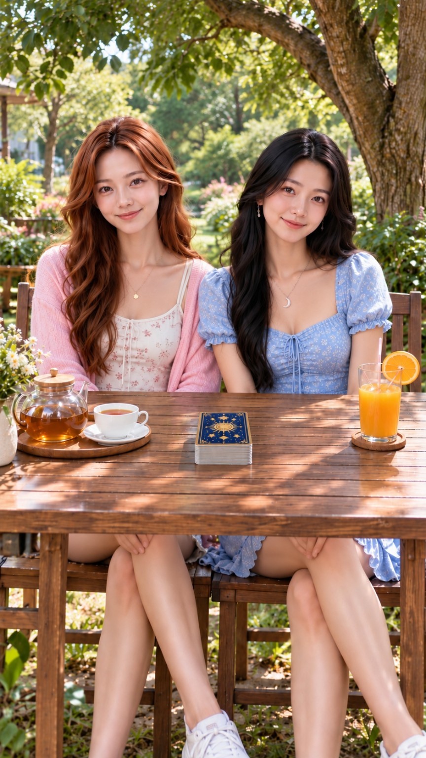 Nita and Xiang Er sitting together in a garden
