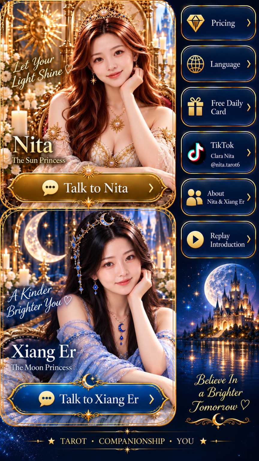 Nita, the Sun Princess, and Xiang Er, the Moon Princess. Choose a sister or a menu option.